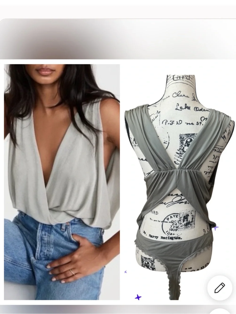 FREE PEOPLE NIGHT OWL SURPLICE BODYSUIT LARGE SILVER GREEN